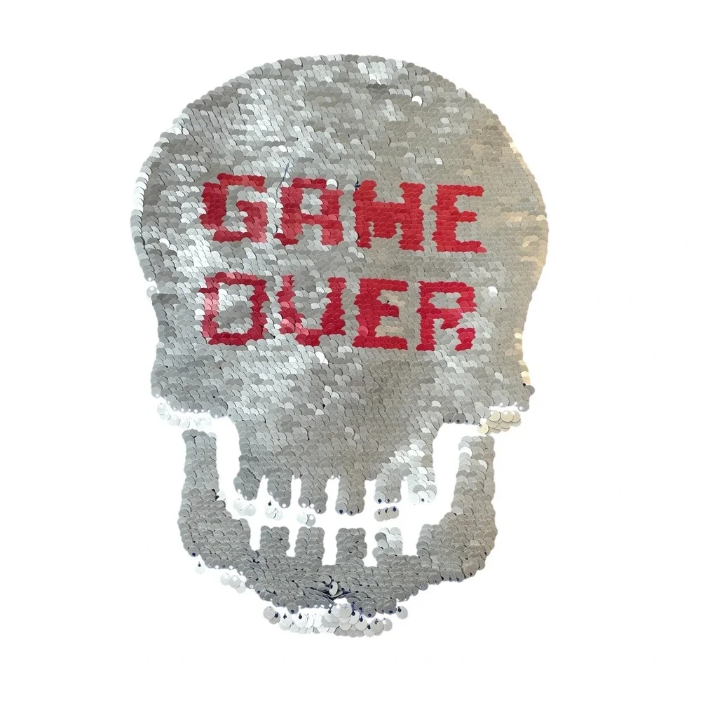 GAP Kid Blue Long Sleeve Hoodie Shirt Sequin Skull Game Over M Changes 2 Designs